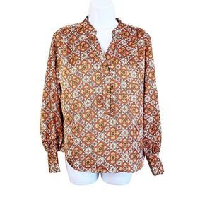 NWT RYEGRASS Women's Orange Paisley Silky Satin Poet Popover Blouse Size Small‎